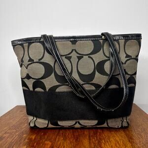 Vintage Y2K Coach Shoulder Tote Bag Black Leather Trim Logo Purse 10" x 9" x 4"